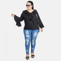 Generic Women's Casual Bell Sleeve Solid Black Top (Color:BlackMaterial:Georgette) - Black, 3/4th Sleeve, 5XL
