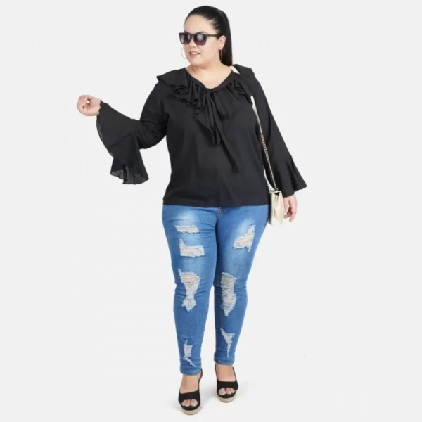 Generic Women's Casual Bell Sleeve Solid Black Top (Color:BlackMaterial:Georgette) - Black, 3/4th Sleeve, 5XL