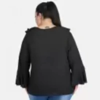 Generic Women's Casual Bell Sleeve Solid Black Top (Color:BlackMaterial:Georgette) - Black, 3/4th Sleeve, 5XL