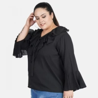Generic Women's Casual Bell Sleeve Solid Black Top (Color:BlackMaterial:Georgette) - Black, 3/4th Sleeve, 5XL