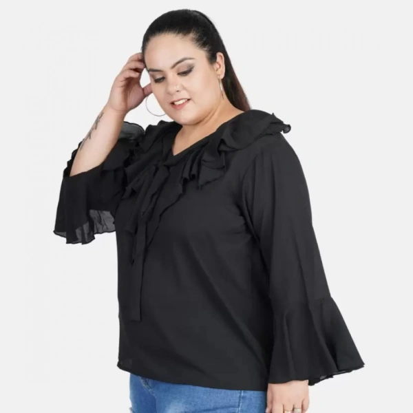 Generic Women's Casual Bell Sleeve Solid Black Top (Color:BlackMaterial:Georgette) - Black, 3/4th Sleeve, 5XL