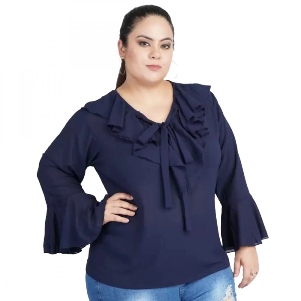 Generic Women's Casual Bell Sleeve Solid Blue Top (Color:BlueMaterial:Georgette) - Blue, 3/4th Sleeve, 4XL