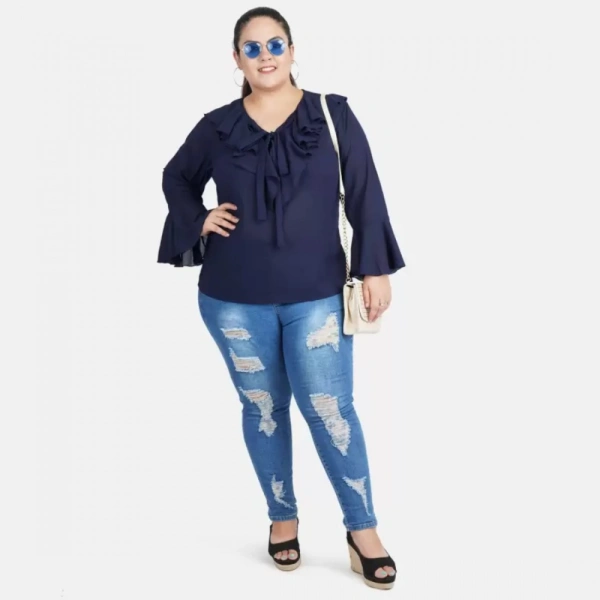 Generic Women's Casual Bell Sleeve Solid Blue Top (Color:BlueMaterial:Georgette) - Blue, 3/4th Sleeve, 4XL