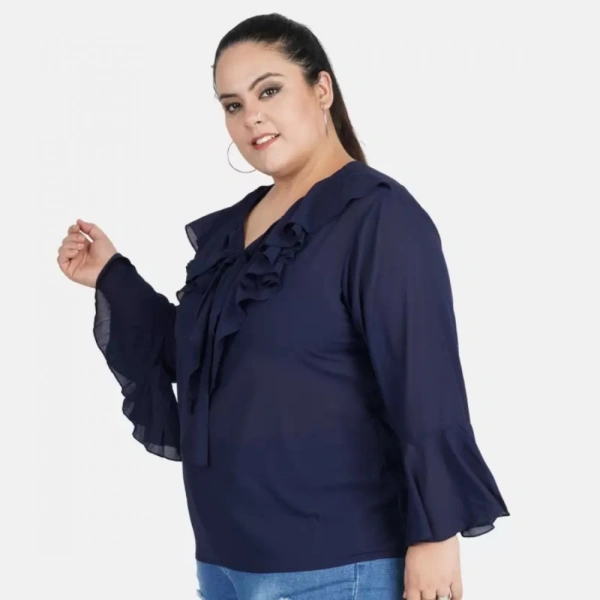 Generic Women's Casual Bell Sleeve Solid Blue Top (Color:BlueMaterial:Georgette) - Blue, 3/4th Sleeve, 4XL