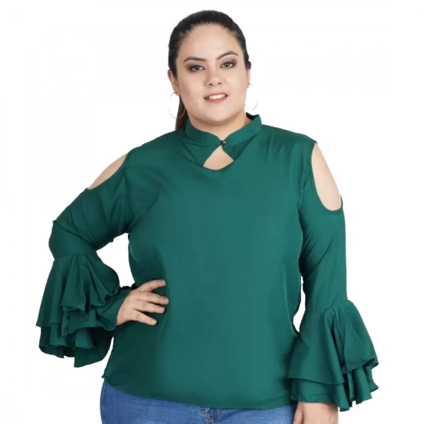 Generic Women's Casual Bell Sleeve Solid Green Top (Color:GreenMaterial:Crepe) - Green, 3/4th Sleeve, 4XL