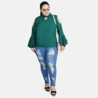 Generic Women's Casual Bell Sleeve Solid Green Top (Color:GreenMaterial:Crepe) - Green, 3/4th Sleeve, 4XL