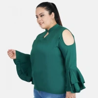 Generic Women's Casual Bell Sleeve Solid Green Top (Color:GreenMaterial:Crepe) - Green, 3/4th Sleeve, 4XL