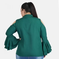 Generic Women's Casual Bell Sleeve Solid Green Top (Color:GreenMaterial:Crepe) - Green, 3/4th Sleeve, 4XL