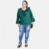 Generic Women's Casual Bell Sleeve Solid Green Top (Color:GreenMaterial:Georgette) - Green, 3/4th Sleeve, 7XL