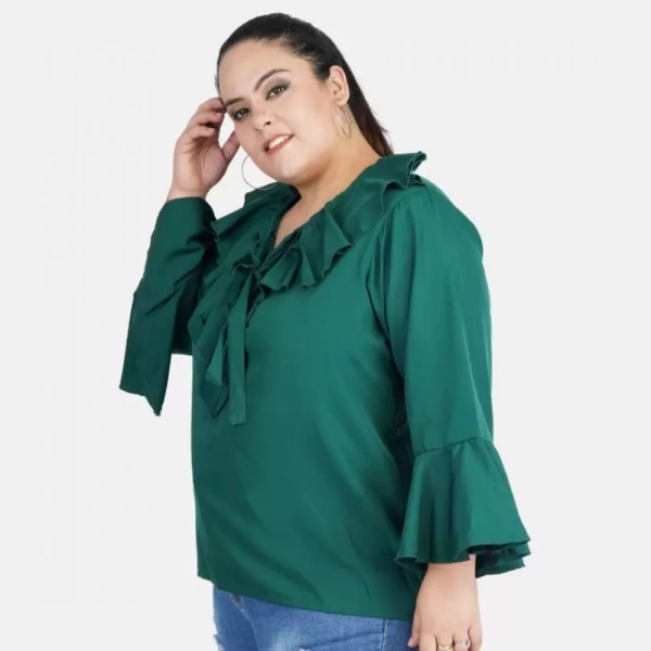 Generic Women's Casual Bell Sleeve Solid Green Top (Color:GreenMaterial:Georgette) - Green, 3/4th Sleeve, 7XL