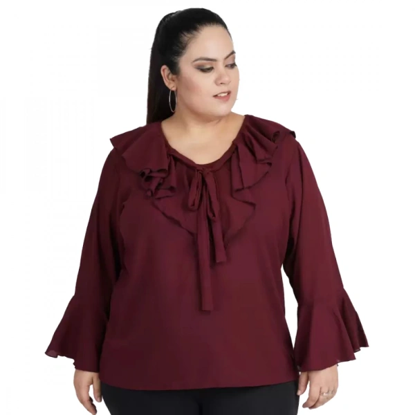 Generic Women's Casual Bell Sleeve Solid Maroon Top (Color:MaroonMaterial:Georgette) - Maroon, 3/4th Sleeve, 5XL