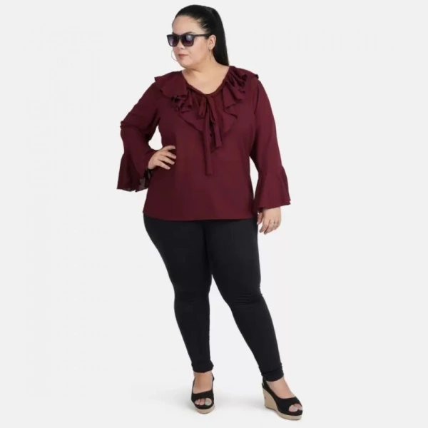 Generic Women's Casual Bell Sleeve Solid Maroon Top (Color:MaroonMaterial:Georgette) - Maroon, 3/4th Sleeve, 5XL