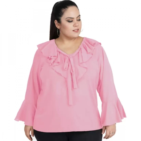 Generic Women's Casual Bell Sleeve Solid Pink Top (Color:PinkMaterial:Georgette) - Pink, 3/4th Sleeve, 5XL