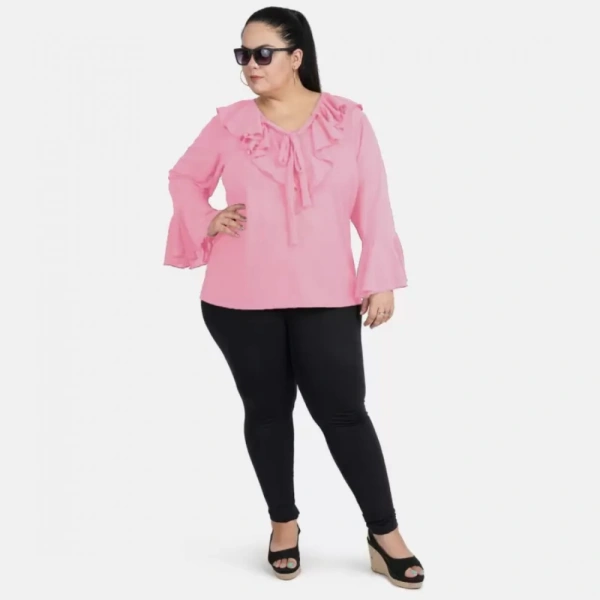 Generic Women's Casual Bell Sleeve Solid Pink Top (Color:PinkMaterial:Georgette) - Pink, 3/4th Sleeve, 5XL