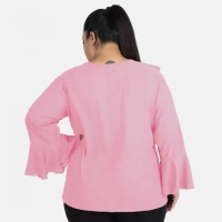 Generic Women's Casual Bell Sleeve Solid Pink Top (Color:PinkMaterial:Georgette) - Pink, 3/4th Sleeve, 5XL