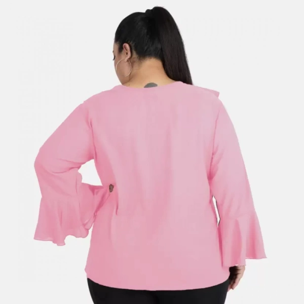 Generic Women's Casual Bell Sleeve Solid Pink Top (Color:PinkMaterial:Georgette) - Pink, 3/4th Sleeve, 5XL