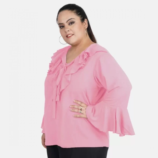 Generic Women's Casual Bell Sleeve Solid Pink Top (Color:PinkMaterial:Georgette) - Pink, 3/4th Sleeve, 5XL