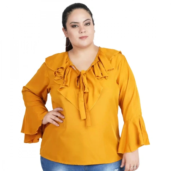 Generic Women's Casual Bell Sleeve Solid Yellow Top (Color:YellowMaterial:Georgette) - Yellow, 3/4th Sleeve, 4XL