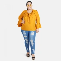 Generic Women's Casual Bell Sleeve Solid Yellow Top (Color:YellowMaterial:Georgette) - Yellow, 3/4th Sleeve, 4XL