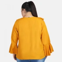 Generic Women's Casual Bell Sleeve Solid Yellow Top (Color:YellowMaterial:Georgette) - Yellow, 3/4th Sleeve, 4XL