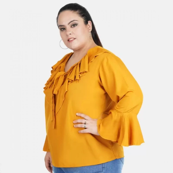 Generic Women's Casual Bell Sleeve Solid Yellow Top (Color:YellowMaterial:Georgette) - Yellow, 3/4th Sleeve, 4XL