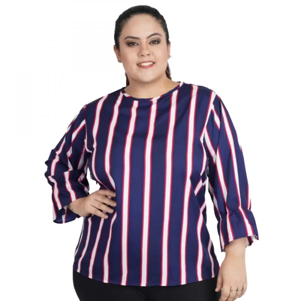 Generic Women's Casual Bell Sleeve Striped Blue Top (Color:BlueMaterial:Crepe) - Blue, 3/4th Sleeve, 5XL