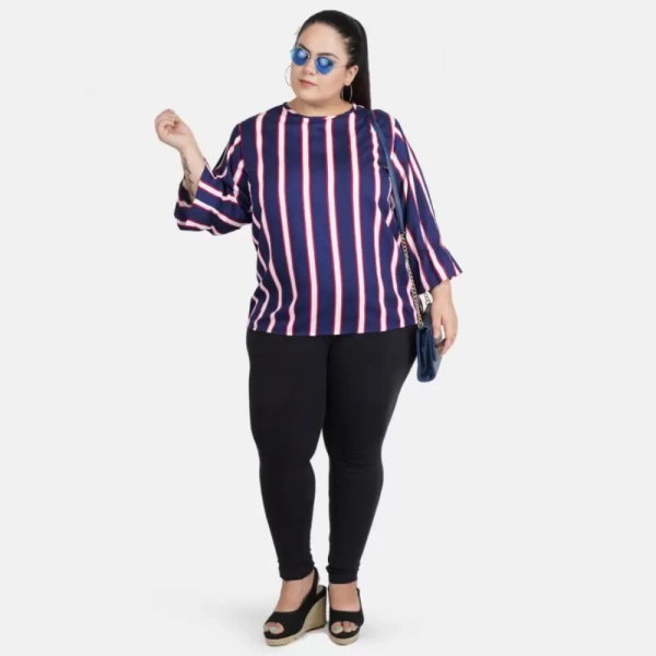 Generic Women's Casual Bell Sleeve Striped Blue Top (Color:BlueMaterial:Crepe) - Blue, 3/4th Sleeve, 5XL