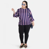 Generic Women's Casual Bell Sleeve Striped Blue Top (Color:BlueMaterial:Crepe) - Blue, 3/4th Sleeve, 5XL