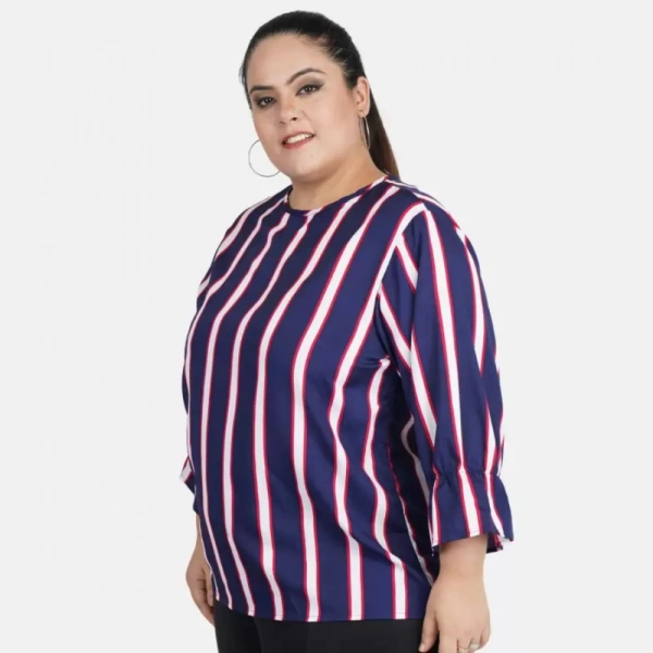 Generic Women's Casual Bell Sleeve Striped Blue Top (Color:BlueMaterial:Crepe) - Blue, 3/4th Sleeve, 5XL