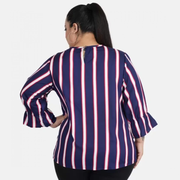 Generic Women's Casual Bell Sleeve Striped Blue Top (Color:BlueMaterial:Crepe) - Blue, 3/4th Sleeve, 5XL