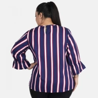 Generic Women's Casual Bell Sleeve Striped Blue Top (Color:BlueMaterial:Crepe) - Blue, 3/4th Sleeve, 5XL