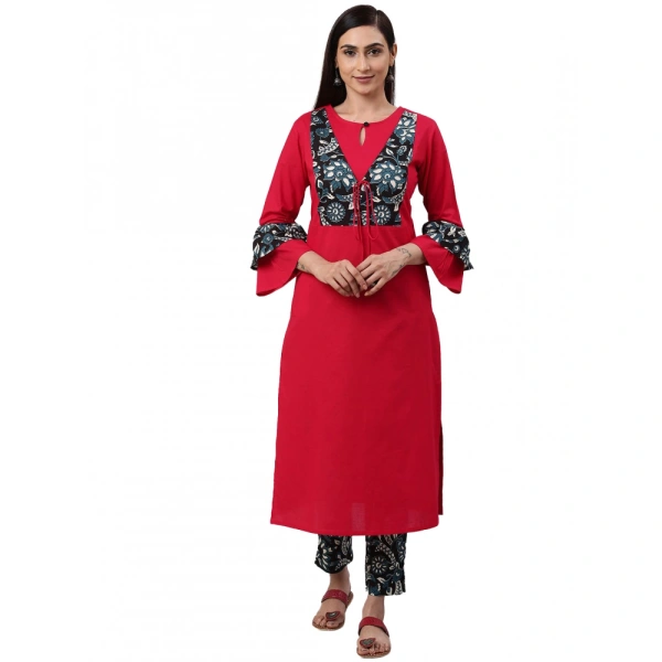 Women's Casual Bell Sleeves Floral Printed Cotton Kurti Set (Rani Pink) - Rani Pink, 0.35, 2XL