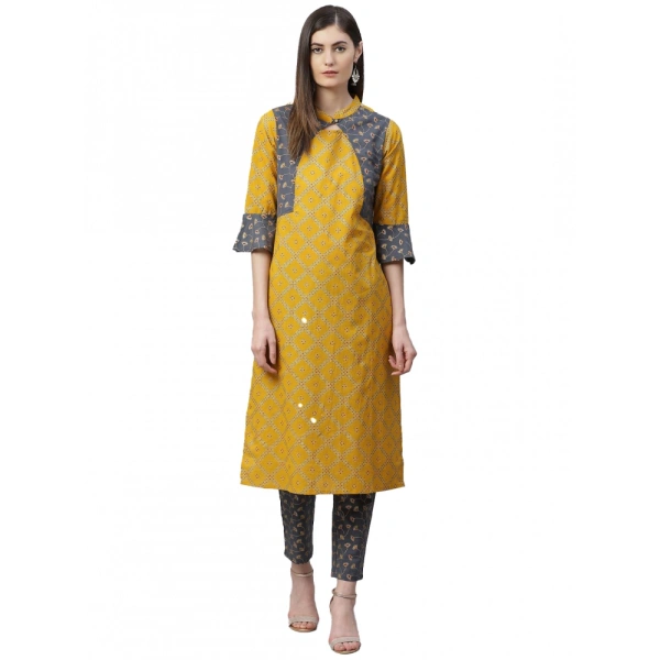 Women's Casual Bell Sleeves Geomatrical Printed Cotton Kurti Set (Yellow) - Yellow, 0.35, M