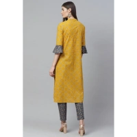 Women's Casual Bell Sleeves Geomatrical Printed Cotton Kurti Set (Yellow) - Yellow, 0.35, M