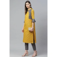 Women's Casual Bell Sleeves Geomatrical Printed Cotton Kurti Set (Yellow) - Yellow, 0.35, M