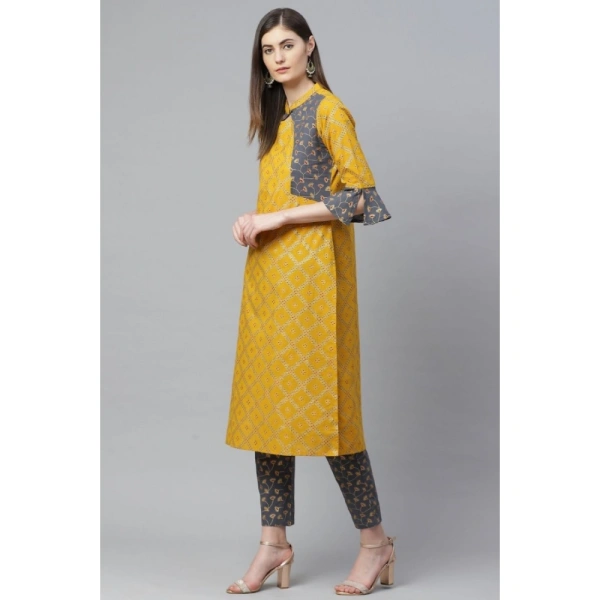 Women's Casual Bell Sleeves Geomatrical Printed Cotton Kurti Set (Yellow) - Yellow, 0.35, M