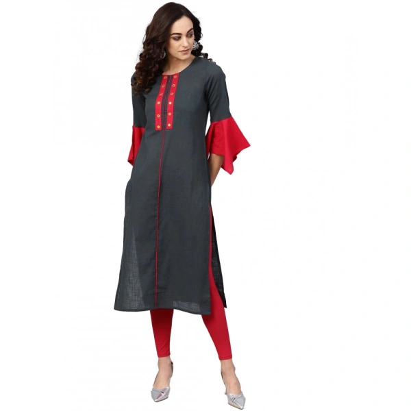 Women's Casual Bell Sleeves Mirror Work Cotton Slub Kurti (Grey) - Grey, 0.35, M