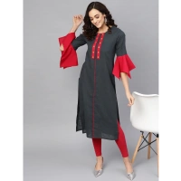 Women's Casual Bell Sleeves Mirror Work Cotton Slub Kurti (Grey) - Grey, 0.35, M