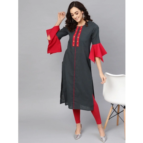 Women's Casual Bell Sleeves Mirror Work Cotton Slub Kurti (Grey) - Grey, 0.35, M