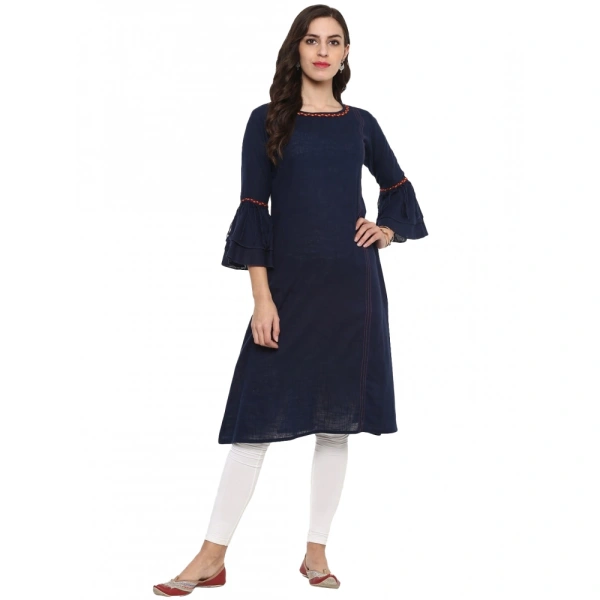 Women's Casual Bell Sleeves Solid Cotton Slub Kurti (Blue) - Blue, 0.35, S