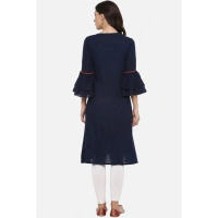Women's Casual Bell Sleeves Solid Cotton Slub Kurti (Blue) - Blue, 0.35, S