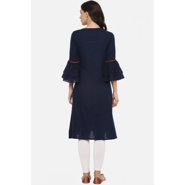 Women's Casual Bell Sleeves Solid Cotton Slub Kurti (Blue) - Blue, 0.35, S
