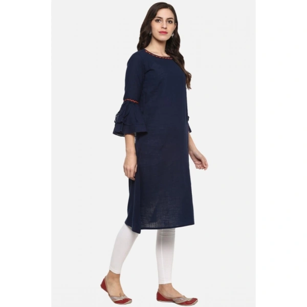 Women's Casual Bell Sleeves Solid Cotton Slub Kurti (Blue) - Blue, 0.35, S