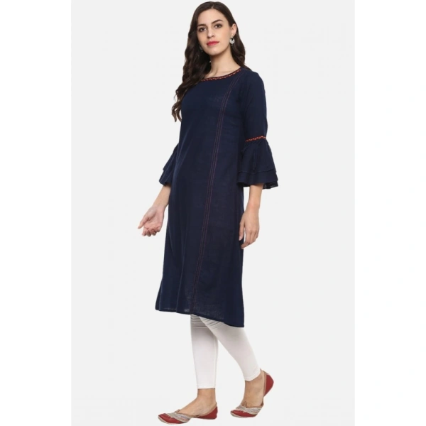 Women's Casual Bell Sleeves Solid Cotton Slub Kurti (Blue) - Blue, 0.35, S
