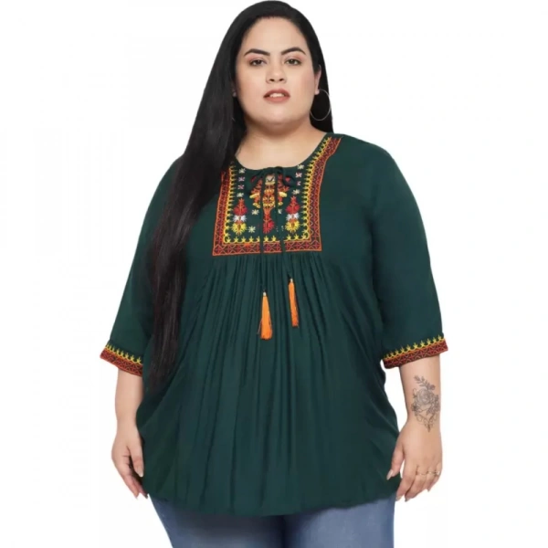 Generic Women's Casual Embroidered Dark Green Top (Color:Dark GreenMaterial:Rayon) - Dark Green, 3/4th Sleeve, 4XL