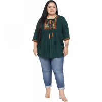 Generic Women's Casual Embroidered Dark Green Top (Color:Dark GreenMaterial:Rayon) - Dark Green, 3/4th Sleeve, 4XL