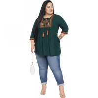 Generic Women's Casual Embroidered Dark Green Top (Color:Dark GreenMaterial:Rayon) - Dark Green, 3/4th Sleeve, 4XL
