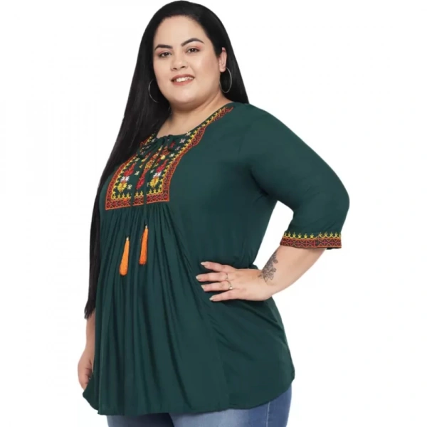 Generic Women's Casual Embroidered Dark Green Top (Color:Dark GreenMaterial:Rayon) - Dark Green, 3/4th Sleeve, 4XL