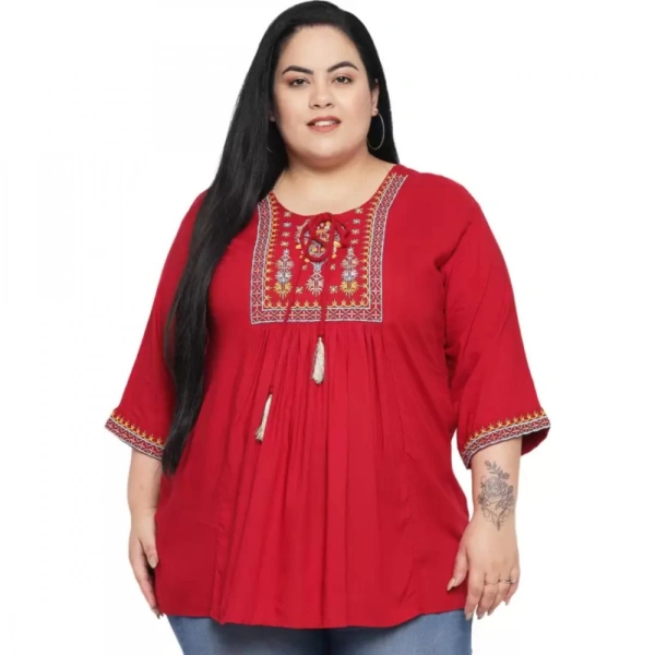 Generic Women's Casual Embroidered Maroon Top (Color:MaroonMaterial:Rayon) - Maroon, 3/4th Sleeve, 7XL