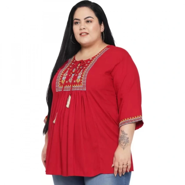 Generic Women's Casual Embroidered Maroon Top (Color:MaroonMaterial:Rayon) - Maroon, 3/4th Sleeve, 7XL